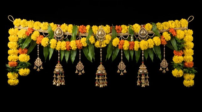 Decorative indian toran with marigold flowers, mango leaves, and ornate golden jhumka bells