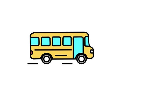 Yellow school bus line icon animation, student public transport vehicle moving animation.