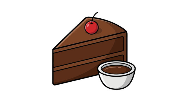 Chocolate cake slice with cherry and cup of coffee.