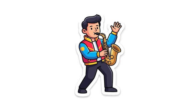 Cartoon man playing saxophone musical instrument.