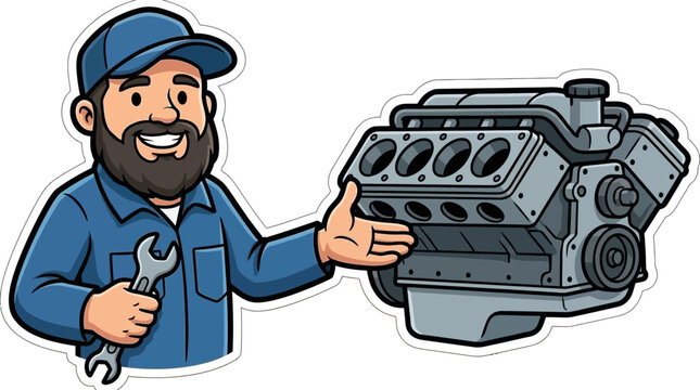 Cartoon mechanic with car engine and wrench sticker.