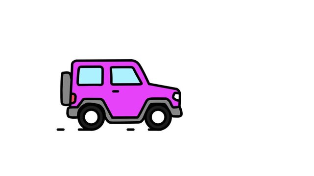 Pink jeep SUV car line icon animation, Colorful off-road vehicle driving animation.