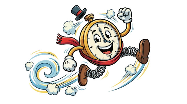 Running alarm clock mascot with spring legs.