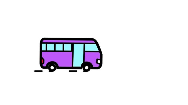 Purple minibus line icon animation, small passenger van public transport animation. Colorful line art mini bus moving animation.