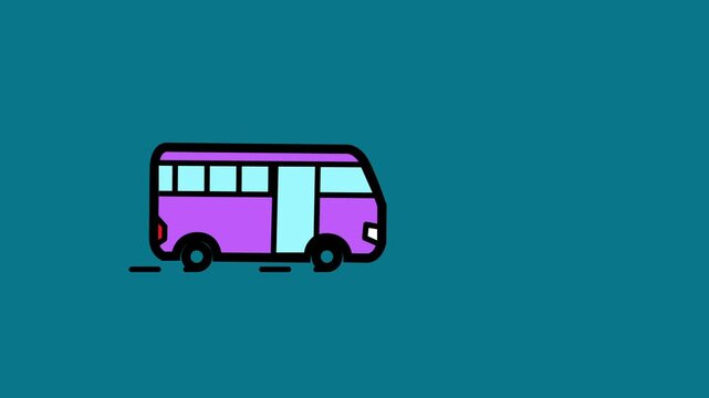 Purple minibus line icon animation, small passenger van public transport animation. Colorful line art mini bus moving animation.