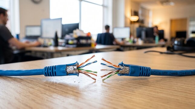 Broken blue network cable on office desk symbolizing connection failure and technical issues in a business environment