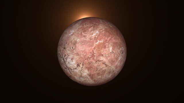 Dwarf planet Makemake rotating in deep space with glowing sun light background