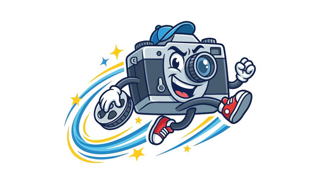 Running cartoon camera character with lens and limbs