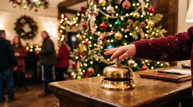 Child hand excitedly ringing brass hotel reception bell during Christmas family vacation
