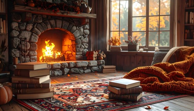 Cozy autumn evening with burning fireplace and books