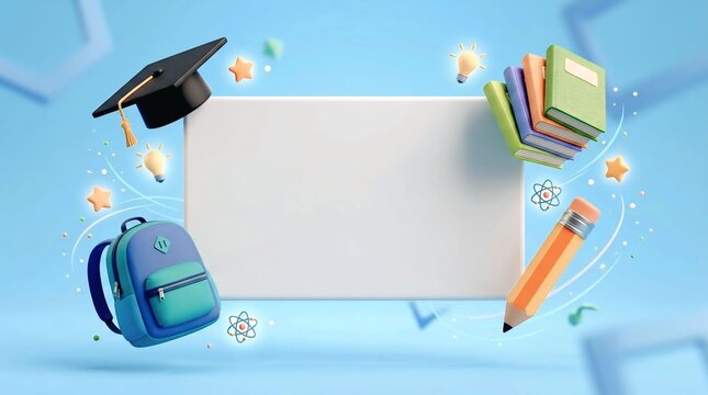 3D education and back to school banner mockup with graduation cap, backpack, books, and pencil on blue background
