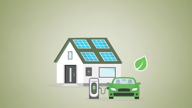 Green House with Solar Panels and Electric Vehicle Charging &ndash; Renewable Energy and Savings Concept