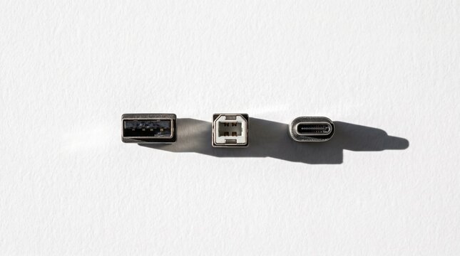 Collection of electronic connectors for digital devices including USB and USB-C types on a white background