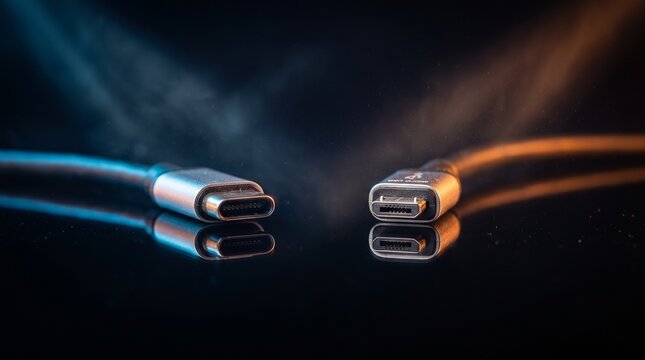 USB Type C and Micro USB charging cables facing each other on reflective dark background with blue and orange light