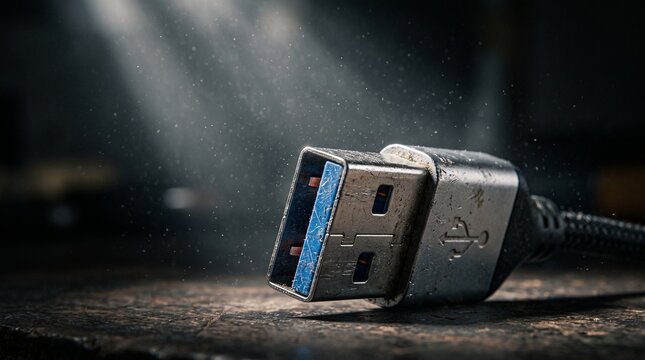 Close up of a metallic USB plug connector on a dusty dark background illuminated by a shaft of light representing digital technology