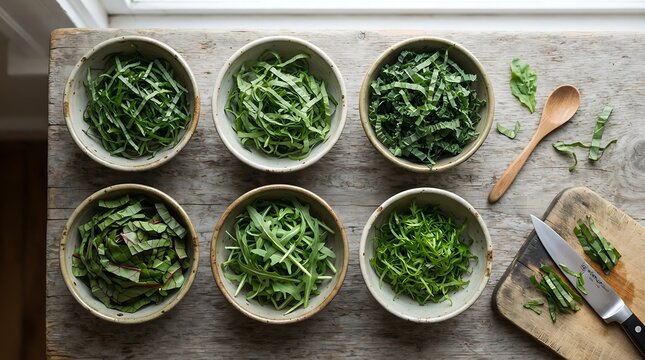 A collection of six ceramic bowls filled with freshly chopped greens showcasing the flame-chiffonade cutting technique on a rustic wooden tabletop.