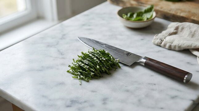 A professional chef knife on a marble countertop next to fresh herbs cut in a flame-chiffonade style, ready for culinary preparation in a bright kitchen.