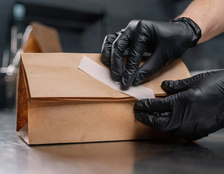 Mains en gants noirs fermant un sac en papier kraft avec un autocollant