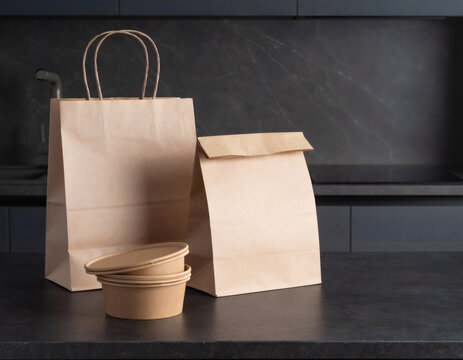 Sacs en papier kraft et bols &eacute;cologiques pour livraison de repas sur comptoir