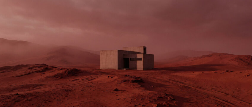 Structure en b&eacute;ton moderne isol&eacute;e sur le sol rouge de la plan&egrave;te Mars