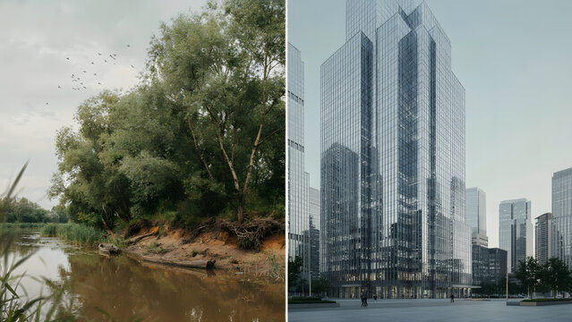 Bord de rivi&egrave;re arbor&eacute; et gratte-ciel moderne en verre en ville