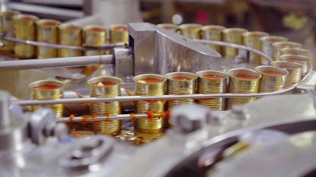 Canned fish in tomato sauce moving on conveyor belt in factory
