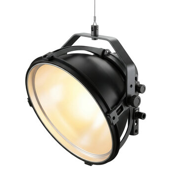 Un riflettore professionale da studio di colore nero sospeso che emette una luce calda e avvolgente, ideale per produzioni cinematografiche, set fotografici e illuminazione scenica.