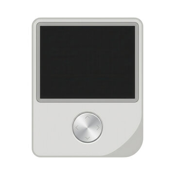 Lettore musicale digitale portatile con schermo nero e ghiera di controllo circolare metallica su sfondo bianco, icona di design minimalista per tecnologia audio moderna