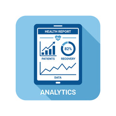 Fototapeta premium Flat illustration of a tablet displaying digital health report and analytics data on screen.