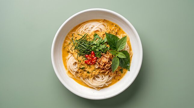 A close-up overhead shot of a delicious bowl of Thai Khao Soi noodle soup, garnished with fresh herbs and chili peppers.