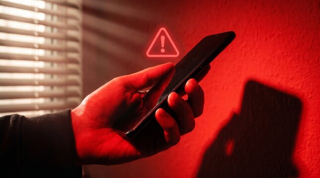 Urgent digital security warning on a smartphone screen, held by a hand in a dimly lit, red-hued room, signaling a serious online threat or potential scam