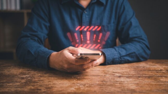 Person holding a smartphone displaying multiple red warning signs, symbolizing digital security threats, online scams, fraud risks, and critical alerts in the virtual world