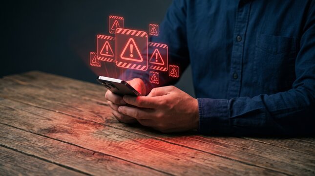 Person holding a smartphone displaying multiple red warning signs, symbolizing urgent digital security threats and mobile alerts