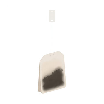Una bustina di t&egrave; singola isolata su sfondo bianco, vista frontale di un sacchetto di carta per infusione con etichetta, ideale per concetti di pausa relax e bevande calde.