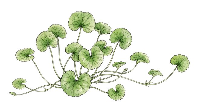 Watercolor botanical illustration of green gotu kola or centella asiatica leaves and vines