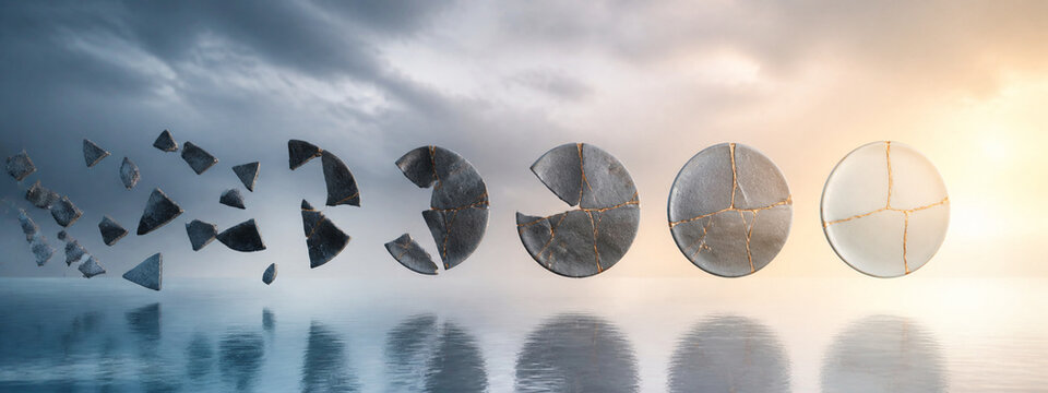 Broken Ceramic Circle Gradually Restored in Golden Light