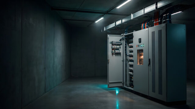Industrial server rack cabinet installed in a dark concrete utility room with fluorescent lighting industrial concrete facility technology