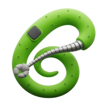 Illustrazione 3D di una forma astratta verde a spirale con un braccio robotico meccanico integrato, design futuristico e tecnologico su sfondo bianco isolato per progetti creativi.