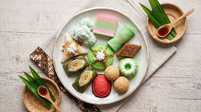Variety of Traditional Indonesian Cakes Jajanan Pasar and Sweet Snacks on Ceramic Plate Flat Lay