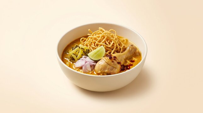 A delicious bowl of Khao Soi, a popular Northern Thai curry noodle soup, garnished with crispy noodles, lime, and red onions.