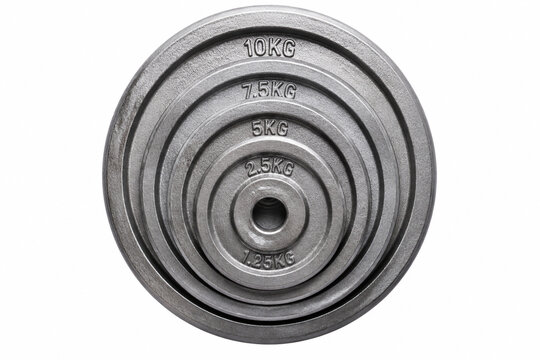 Circular composition of stacked metallic weight plates, minimalist top-down view.
