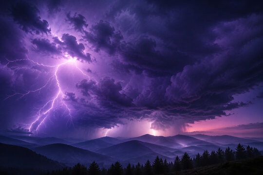Dramatic storm clouds in deep purple hues with lightning flashes across the sky.
