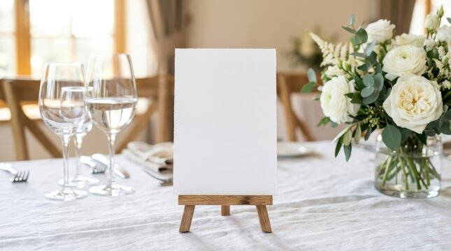 Blank White Card Mockup on Wooden Easel at Elegant Wedding Reception Table Setting with Flowers and Glasses