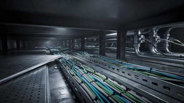 Underground utility tunnel with neatly arranged cable trays and pipes in a data center underground basement infrastructure telecommunication