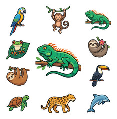 Naklejka premium Collection of jungle animals and tropical wildlife illustrations