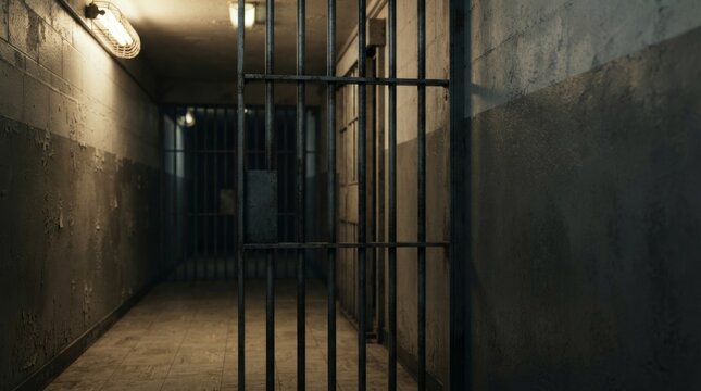 Prison corridor behind metal bars. Empty jail cell block hallway with locked gate. Criminal justice, imprisonment and punishment concept