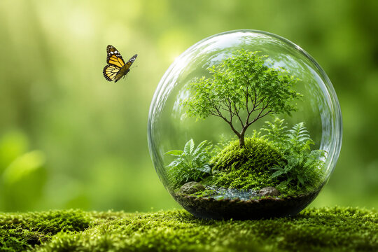 Glass sphere with thriving plants and butterfly, representing nature and conservation.