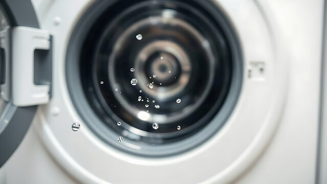 Water droplets fly from a spinning washing machine drum through a glass door.