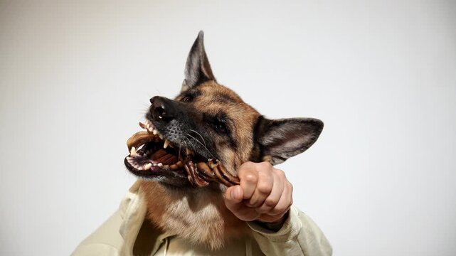 German Shepherd gnaws a dried bull pizzle held in a human hand. Humorous pet chew footage for natural nutrition, dental care, product marketing and advertising