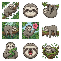 Naklejka premium Cute cartoon sloth illustrations in natural habitat various poses